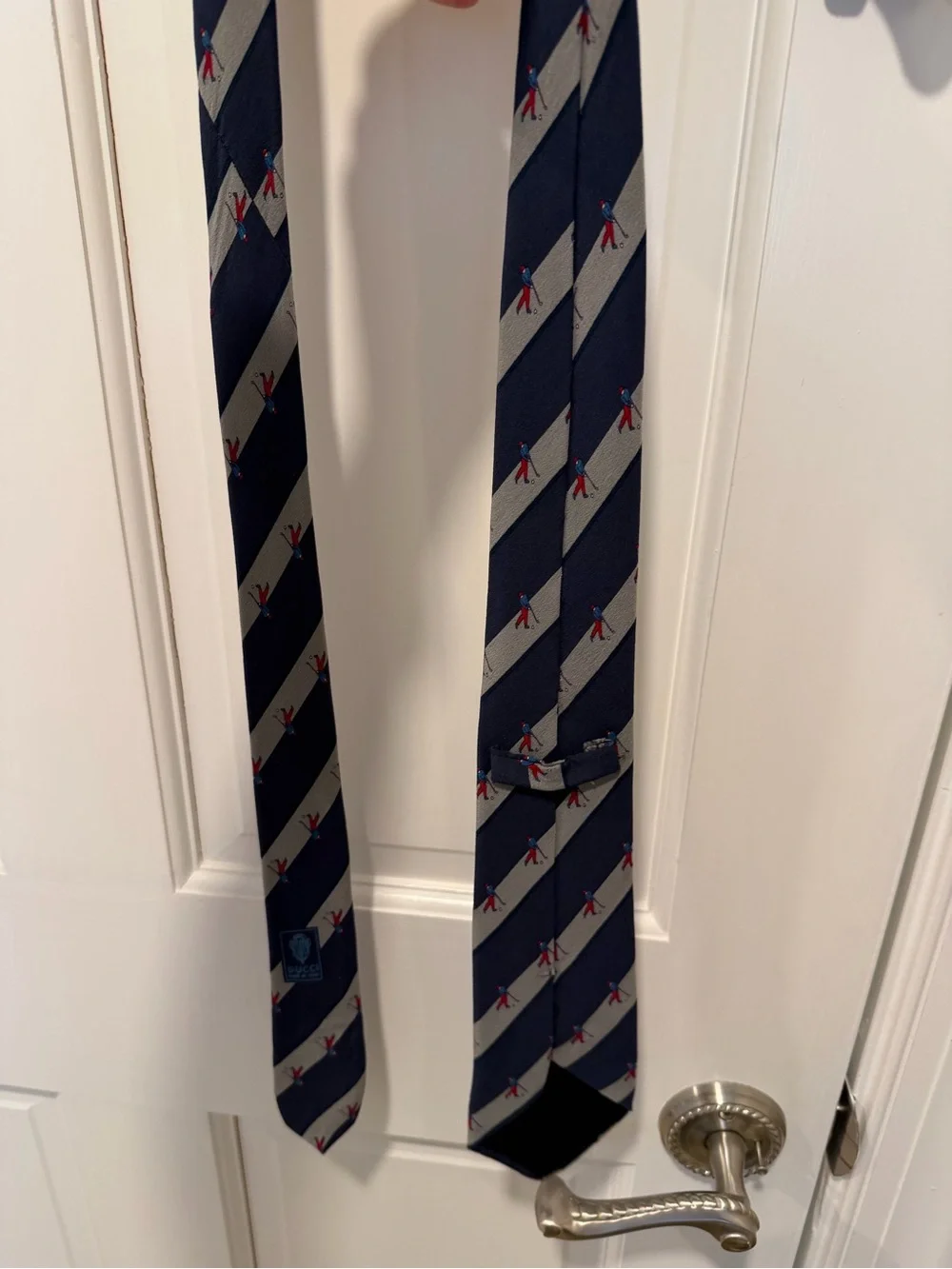 Vintage Gucci Navy Gray Striped Silk Tie featuring novelty Golf Motifs Necktie